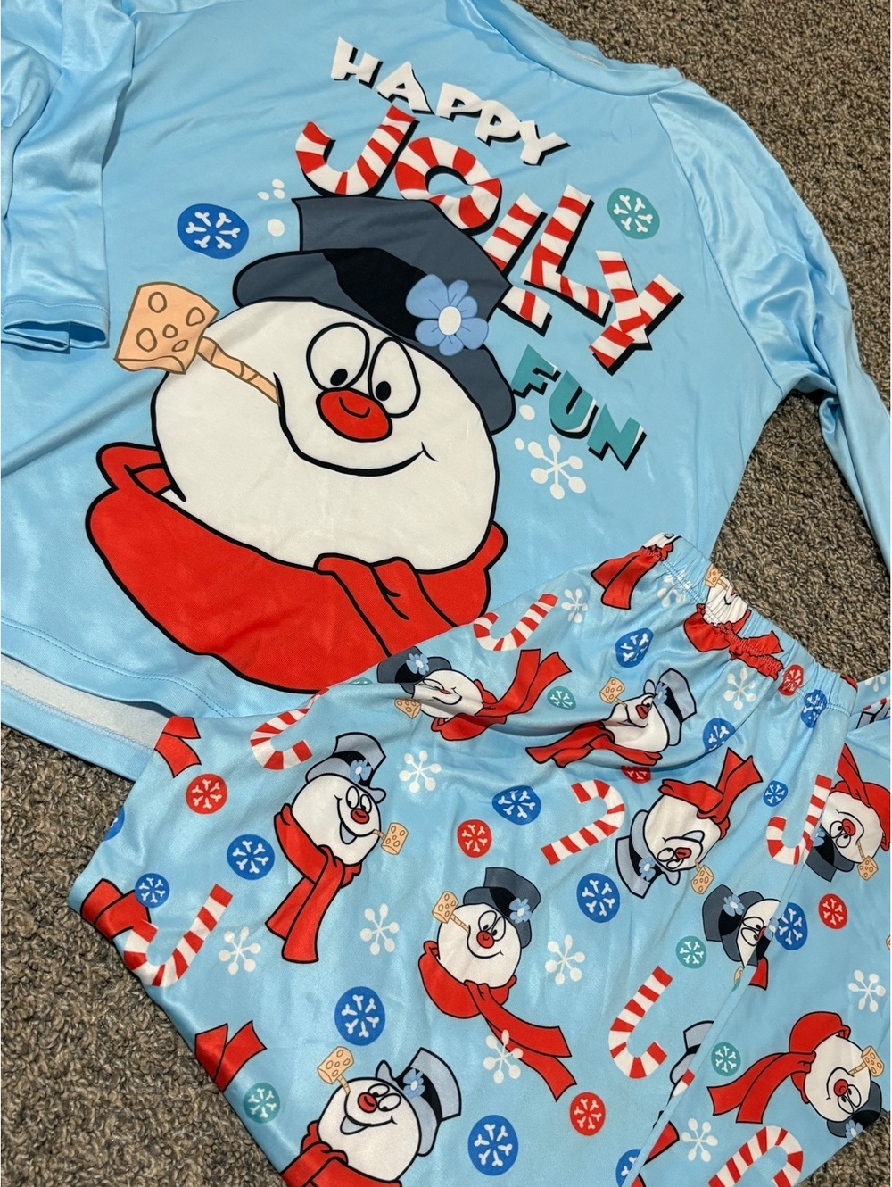 XL Women's Blue Frosty Snowman Holiday Pajama Set with Long Sleeve Top and Pants
